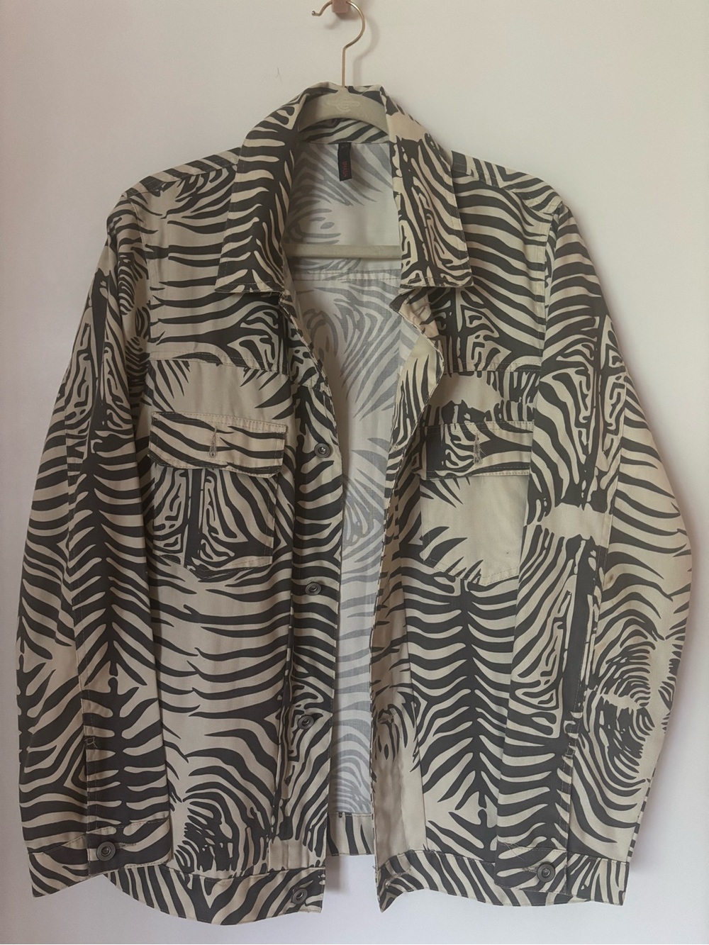 Zebra-Print Button Front Jacket in Black and Cream